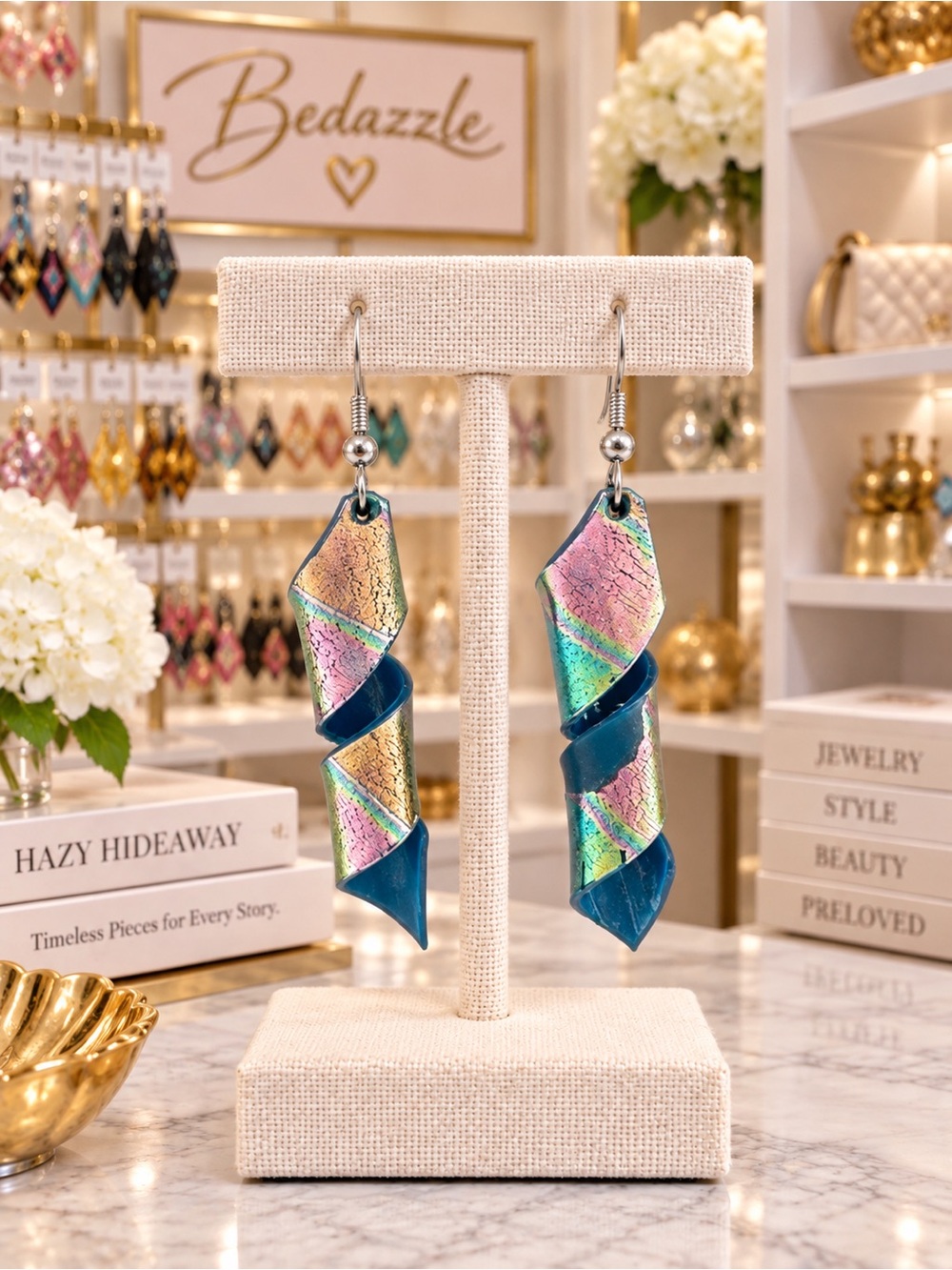 🎈3/$39 NEW Artisan Polymer Clay Hand Crafted Iridescent Spiral Hook Earrings